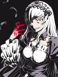 Rule 34 | 00s, 1girl, blood, blood on hands, doll joints, feathers, flower, frills, grin, hair over one eye, hairband, ichikawa masahiro, joints, lolita hairband, red eyes, rose, rozen maiden, smile, solo, suigintou, white hair