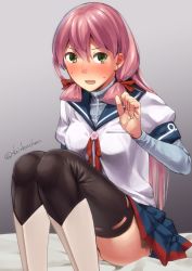 Rule 34 | 10s, 1girl, akashi (kancolle), blue skirt, blush, bow, green eyes, hair bow, kantai collection, knees together feet apart, knees up, long hair, long sleeves, looking at viewer, open mouth, pink hair, pleated skirt, red bow, ribbon-trimmed legwear, ribbon trim, sailor collar, shiden (sashimi no wife), sitting, skirt, solo, sweat, thighhighs, thighs, twitter username