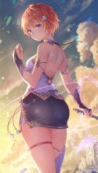 Rule 34 | 1girl, anbe yoshirou, ass, asymmetrical legwear, bare shoulders, blue eyes, blush, breasts, bridal gauntlets, closed mouth, cloud, cloudy sky, commentary request, fingernails, gradient sky, hand up, highres, holding, looking at viewer, looking back, medium breasts, miniskirt, orange hair, orthia (ragnabreak), outdoors, shinma x keishou! ragnabreak, short hair, simple background, skirt, sky, smile, solo, sunset, thigh strap, uneven legwear
