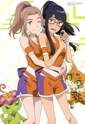 Rule 34 | + +, 10s, 2girls, absurdres, bare shoulders, black hair, blush, bow, breasts, brown eyes, brown hair, claws, cleaned, collarbone, creature, digimon, digimon (creature), digimon adventure tri., embarrassed, glasses, green eyes, highres, hug, hug from behind, long hair, looking at viewer, meicoomon, mochizuki meiko, multiple girls, official art, one eye closed, open mouth, palmon, ponytail, purple eyes, scan, shorts, sidelocks, tachikawa mimi, wavy mouth
