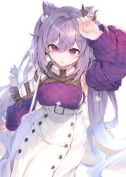 Rule 34 | 1girl, bag, bare shoulders, black scarf, blush, breasts, buttons, detached sleeves, double-breasted, double bun, fal maro, genshin impact, grey skirt, hair bun, highres, keqing (genshin impact), keqing (lantern rite) (genshin impact), long hair, long shirt, looking at viewer, medium breasts, official alternate costume, plaid, plaid scarf, purple eyes, purple hair, purple sweater, scarf, shoulder bag, skirt, sleeveless, sleeveless sweater, solo, sweater, swept bangs, twintails, white skirt