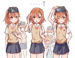 Rule 34 | ..., ...?, 6+girls, :&lt;, ?, adjusting goggles, ahoge, asshuku, asymmetrical bangs, blue dress, blush stickers, brown eyes, brown hair, brown sweater vest, child, coat, commentary, cowboy shot, dress, dress shirt, excited, expressionless, flower, goggles, goggles on head, unworn goggles, grey skirt, hair between eyes, hair ornament, hairpin, hand on own chest, hand on own head, hand up, heads-up display, jitome, lab coat, last order (toaru majutsu no index), looking ahead, looking at another, looking at viewer, misaka imouto, misaka mikoto, multiple girls, one eye closed, open clothes, open coat, open mouth, patch, pointing, polka dot, polka dot dress, school uniform, shirt, short hair, short sleeves, siblings, simple background, sisters, skirt, smile, standing, sweater vest, theft, toaru kagaku no railgun, toaru majutsu no index, tokiwadai school uniform, triangle mouth, white background, white coat, white flower, white shirt