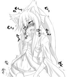 Rule 34 | 1girl, animal ears, arc system works, black 69, blazblue, breasts, cat ears, covered erect nipples, cum, facial, female focus, glasses, kokonoe (blazblue), lab coat, lactation, long hair, navel, nipples, open mouth, ponytail, ribbon, simple background, solo, sweat, very long hair, white background