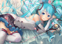 Rule 34 | 1girl, black skirt, blue eyes, blue hair, blue nails, closed mouth, commentary request, detached sleeves, fingernails, hair between eyes, hatsune miku, highres, kyoungi nyang, long hair, long twintails, looking at viewer, magical mirai (vocaloid), magical mirai miku, magical mirai miku (2017), musical note, nail polish, on bed, petals, pillow, pleated skirt, quaver, shirt, skirt, sleeveless, sleeveless shirt, smile, solo, thighhighs, twintails, very long hair, vocaloid, white shirt, white thighhighs, zettai ryouiki