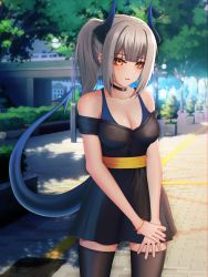 Rule 34 | 1girl, absurd fox, absurdres, arknights, bangle, black dress, black thighhighs, bracelet, breasts, bridge, cleavage, commentary, dress, grey hair, highres, horns, jewelry, lamppost, liskarm (arknights), looking at viewer, medium breasts, off-shoulder dress, off shoulder, outdoors, own hands together, parted lips, ponytail, railing, red eyes, solo, standing, tail, thighhighs, tree