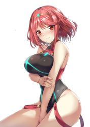 Rule 34 | 1girl, between legs, black one-piece swimsuit, blush, breasts, competition swimsuit, earrings, hand between legs, highres, holding own arm, image sample, jewelry, large breasts, luzi, nintendo, one-piece swimsuit, pyra (xenoblade), red eyes, red hair, short hair, sidelocks, skindentation, swimsuit, twitter sample, white background, xenoblade chronicles (series), xenoblade chronicles 2, xenoblade chronicles (series), xenoblade chronicles 2
