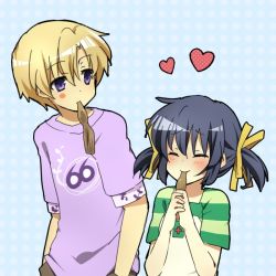 Rule 34 | 00s, bad id, bad pixiv id, blonde hair, blue eyes, blue hair, brother and sister, casual, clannad, eating, food, ice cream, long hair, mouth hold, popsicle, shacttainw, short hair, siblings, sunohara mei, sunohara youhei, twintails