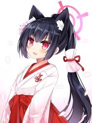Rule 34 | 1girl, animal ear fluff, animal ears, black hair, blue archive, blush, fang, gradient background, hair between eyes, hakama, hakama skirt, japanese clothes, kimono, long hair, looking at viewer, miko, open mouth, petals, pink background, ponytail, red eyes, red hakama, serika (blue archive), serika (new year) (blue archive), shikito (yawa0w0), skirt, solo, v-shaped eyebrows, very long hair, white background, white kimono