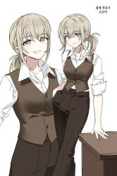 Rule 34 | 1girl, absurdres, brown pants, brown vest, closed mouth, collared shirt, commentary request, dress shirt, earclip, girls band cry, grey eyes, grey hair, habsida (habsida hpy), highres, kawaragi momoka, korean text, long hair, looking at viewer, low ponytail, multiple views, open mouth, pants, shirt, sidelocks, sleeves rolled up, translation request, vest, white background, white shirt