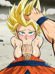 Rule 34 | 10s, 1boy, 1girl, :&gt;=, bare shoulders, blonde hair, blush, breasts, caulifla, darm engine, dragon ball, dragon ball super, fellatio, green eyes, hand on another&#039;s head, hetero, large breasts, looking at viewer, male pubic hair, oral, penis, pov, pubic hair, saiyan, solo focus, son goku, spiked hair, stray pubic hair, super saiyan, super saiyan 2, tank top, uncensored
