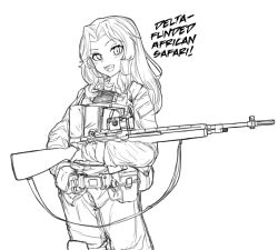 Rule 34 | 1girl, battle rifle, belt, belt pouch, black hawk down, commentary, commission, english commentary, english text, girls und panzer, greyscale, gun, hair intakes, holding, holding weapon, houshou8, kay (girls und panzer), knee pads, long hair, looking at viewer, m14, monochrome, muzzle device, pouch, rifle, sketch, smile, solo, weapon, white background