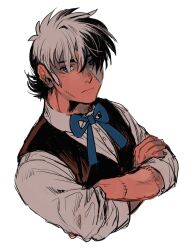 Rule 34 | 1boy, black hair, black jack (character), black jack (series), black vest, blue eyes, blue ribbon, closed mouth, collared shirt, crossed arms, facial scar, frown, highres, long sideburns, long sleeves, looking at viewer, male focus, mame moyashi, multicolored hair, neck ribbon, patchwork skin, ribbon, scar, scar on arm, scar on cheek, scar on face, shirt, short hair, sideburns, solo, split-color hair, stitched face, stitches, two-tone hair, upper body, vest, white background, white hair, white shirt, wing collar
