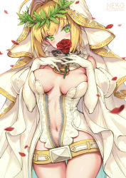 Rule 34 | 10s, 1girl, ahoge, animal print, bare shoulders, belt, belt buckle, belt skirt, blonde hair, blurry, blush, breasts, breasts apart, bridal veil, buckle, center opening, chain, character name, colored eyelashes, commentary, covered mouth, cowboy shot, depth of field, detached collar, detached sleeves, elbow gloves, eyes visible through hair, fate/extra, fate/extra ccc, fate (series), flower, flower over mouth, full-length zipper, gloves, green eyes, groin, hair intakes, hair ribbon, haoni, head tilt, head wreath, holding, holding flower, large breasts, legs together, leopard print, leotard, lock, looking at viewer, mismatched eyelashes, navel, nero claudius (bride) (fate), nero claudius (bride) (third ascension) (fate), nero claudius (fate), nero claudius (fate) (all), own hands together, padlock, petals, puffy detached sleeves, puffy sleeves, red flower, red rose, ribbon, ribbon trim, rose, rose petals, short hair with long locks, showgirl skirt, sidelocks, simple background, skirt, solo, standing, stomach, strapless, strapless leotard, thigh gap, turtleneck, unzipped, veil, white background, white gloves, white leotard, white ribbon, white skirt, wide sleeves, zipper