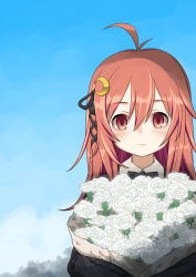 Rule 34 | 1girl, alternate costume, antenna hair, black ribbon, blush, bouquet, closed mouth, cloud, commentary request, crescent, crescent hair ornament, day, flower, hair between eyes, hair ornament, hair ribbon, harukaze unipo, highres, kantai collection, long hair, looking at viewer, outdoors, red eyes, red hair, ribbon, rose, sky, solo, upper body, uzuki (kancolle), white flower, white rose