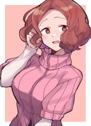 Rule 34 | 1girl, blush, border, brown eyes, brown hair, do m kaeru, dress, female focus, forehead, layered dress, layered sleeves, long sleeves, looking at viewer, matching hair/eyes, okumura haru, open mouth, outside border, persona, persona 5, pink sweater, ribbed sweater, short hair, short over long sleeves, short sleeves, simple background, smile, solo, sweater, turtleneck, turtleneck sweater, white border, white sleeves