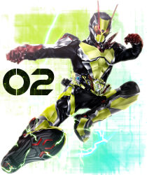 Rule 34 | 1boy, absurdres, antennae, armor, armored gloves, belt, black bodysuit, bodysuit, character name, driver (kamen rider), electricity, finishing move, flying kick, full body, gloves, green armor, helmet, highres, kamen rider, kamen rider 01 (series), kamen rider zero-one, kamen rider zero-two, kicking, kuzurx, looking at viewer, male focus, progrise key, red eyes, red gloves, rider belt, rider kick, solo, tokusatsu, zero two driver