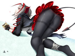 Rule 34 | 1girl, ahoge, all fours, antenna hair, arknights, ass, black gloves, black jacket, black pantyhose, blush, breasts, camera, character name, closed mouth, commentary, crotch seam, demon horns, demon tail, drooling, eyelashes, fingerless gloves, frilled skirt, frills, from behind, full body, gloves, grey panties, grey shirt, heart, highres, holding, holding camera, horns, jacket, lips, material growth, medium breasts, miniskirt, multicolored hair, nail polish, oripathy lesion (arknights), panties, panties over pantyhose, pantyhose, red eyes, red hair, red nails, red skirt, rhodes island logo (arknights), saliva, scar, scar on arm, shirt, short hair, silver hair, simple background, skirt, smile, solo, streaked hair, tail, thighband pantyhose, two-tone hair, underwear, w (arknights), white background, yuu (yuu yu)