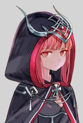 Rule 34 | 1girl, black cape, cape, closed mouth, headpiece, hood, hood up, hooded cape, kantai collection, looking at viewer, luicent, medium hair, red eyes, red hair, simple background, solo, upper body, white background, z3 max schultz (kancolle)