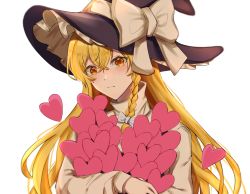 Rule 34 | 1girl, black dress, black hat, blonde hair, blouse, blush, bow, braid, brown eyes, closed mouth, dress, eye contact, frills, grey bow, grey shirt, hair between eyes, hair bow, hands up, hat, hat bow, heart, highres, jingai (k1bun), kirisame marisa, long hair, long sleeves, looking at another, looking at viewer, puffy long sleeves, puffy sleeves, shirt, simple background, single braid, solo, star (symbol), star in eye, symbol in eye, touhou, upper body, white background, white bow, witch hat