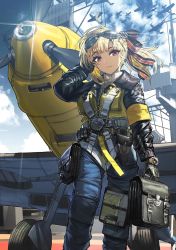 Rule 34 | 1girl, adjusting hair, aircraft, bag, bf 109, blonde hair, blue sky, clipboard, cloud, day, from below, goggles, goggles on head, harness, highres, landing gear, looking at viewer, luftwaffe, military, military vehicle, original, propeller, red eyes, satchel, second-party source, siqi (miharuu), sky, smile, solo