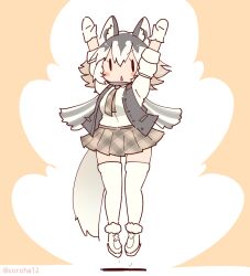 Rule 34 | 1girl, animal ears, arms up, coroha, eastern wolf (kemono friends), extra ears, full body, gloves, grey hair, jacket, jumping, kemono friends, kemono friends 3, looking at viewer, necktie, pantyhose, pink background, shirt, shoes, short hair, simple background, skirt, solo, tail, wolf ears, wolf girl, wolf tail