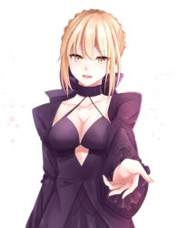 Rule 34 | 1girl, artoria pendragon (all), artoria pendragon (fate), bad id, bad pixiv id, blonde hair, blush, breasts, cleavage, collarbone, fate/grand order, fate (series), large breasts, long sleeves, looking at viewer, open mouth, rossa (pixiv27548922), saber alter, short hair, smile, solo, yellow eyes