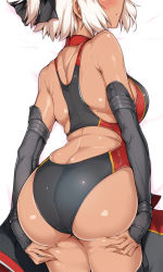 Rule 34 | 1girl, alternate hairstyle, ass, back, bare shoulders, black one-piece swimsuit, black ribbon, blush, breasts, butt crack, choker, competition swimsuit, cowboy shot, dakimakura (medium), dark-skinned female, dark skin, deep skin, elbow gloves, fate/grand order, fate (series), from behind, gloves, hair ribbon, halcon, head out of frame, hip focus, huge ass, large breasts, legs together, lying, okita souji (fate), okita souji (koha-ace), okita souji alter (fate), okita souji alter (first ascension) (fate), on stomach, one-piece swimsuit, parted lips, red choker, ribbon, short hair, smile, solo, swimsuit, white hair, wide hips