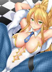 Rule 34 | 1girl, akino hamo, animal ears, armpits, arms behind head, arms up, artoria pendragon (all), artoria pendragon (fate), artoria pendragon (swimsuit ruler) (fate), bare shoulders, blonde hair, blue pantyhose, blush, braid, breasts, cleavage, closed mouth, detached collar, fake animal ears, fate/grand order, fate (series), fishnet pantyhose, fishnets, french braid, green eyes, hair between eyes, highres, large breasts, leotard, long hair, looking at viewer, lying, navel, necktie, on back, pantyhose, playboy bunny, ponytail, rabbit ears, sidelocks, solo, spread legs, thigh strap, thighs, tiara, wrist cuffs