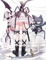 Rule 34 | 1girl, ass, bent over, boots, bow, chair, checkered floor, demon tail, floor, frills, from behind, gathers, gothic lolita, hair bow, hair ribbon, highres, kneepits, lolita fashion, looking back, original, panties, pink eyes, pink hair, pink panties, rezi, ribbon, scythe, solo, tail, thighhighs, underwear, white thighhighs, wings