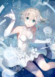 Rule 34 | 1girl, arm up, armpits, asahikawa hiyori, blonde hair, bridal veil, bubble, commentary, covered navel, dress, elbow gloves, floating hair, from above, gloves, green eyes, jellyfish, jewelry, looking at viewer, looking up, open mouth, original, ring, short hair, sleeveless, sleeveless dress, solo, underwater, veil, wedding band, wedding dress, white gloves