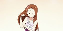 Rule 34 | 1girl, animated, animated gif, bow, brown eyes, brown hair, dress, hair bow, hair flip, hairband, idolmaster, idolmaster (classic), long hair, looking at viewer, lowres, minase iori, one eye closed, open mouth, smile, solo, stuffed animal, stuffed toy, wink, winking (animated)