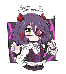 Rule 34 | 1girl, black collar, black vest, blush, bracelet, chain, chibi, closed mouth, collar, commentary request, cropped torso, dated, eyepatch, frilled shirt, frills, hair between eyes, happy birthday, hayasaka mirei, highres, horns, idolmaster, idolmaster cinderella girls, jewelry, long sleeves, looking at viewer, multicolored hair, nail polish, nozo (hitomiz), purple hair, purple nails, red hair, shirt, smile, solo, spiked bracelet, spikes, two-tone hair, upper body, vest, white background, white shirt, yellow eyes