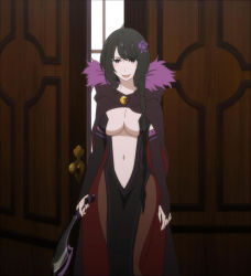 Rule 34 | 1girl, black dress, black hair, black sleeves, braid, breasts, bridal gauntlets, brown pantyhose, cape, center opening, cleavage, cloak, dagger, detached sleeves, dress, elsa granhilte, flower, frilled sleeves, frills, fur trim, hair flower, hair ornament, highres, knife, large breasts, long hair, long sleeves, mole, mole under eye, navel, open mouth, pantyhose, purple eyes, purple flower, purple rose, re:zero kara hajimeru isekai seikatsu, revealing clothes, rose, side slit, single braid, smile, solo, stitched, stomach, third-party edit, weapon