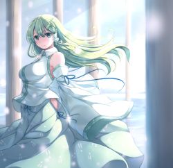 Rule 34 | 1girl, blue eyes, breasts, detached sleeves, frog hair ornament, green hair, hair ornament, hair tubes, highres, japanese clothes, kochiya sanae, large breasts, long hair, looking at viewer, nicoby, nontraditional miko, skirt, smile, snake hair ornament, solo, touhou