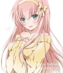 Rule 34 | 1girl, bare shoulders, blue eyes, bow, dated, hair bow, hairband, hands on own chest, happy birthday, headband, heart, hiro (hirohiro31), long hair, megurine luka, pink hair, simple background, smile, solo, sweater, symbol, typo, vocaloid, white background, yellow hairband, yellow sweater