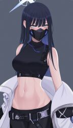 Rule 34 | 1girl, absurdres, bare shoulders, belt, black belt, black pants, black shirt, blue archive, blue background, blue eyes, blue hair, breasts, coat, commentary, cowboy shot, crop top, highres, large breasts, leggings, long hair, looking at viewer, mask, midriff, mouth mask, navel, neel silverius, no headwear, off shoulder, open clothes, open coat, pants, saori (blue archive), shirt, simple background, sleeveless, sleeveless shirt, solo, standing, stomach, very long hair, white coat
