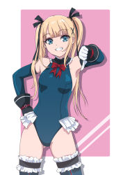 Rule 34 | 1girl, armpits, black thighhighs, blonde hair, blue leotard, blue one-piece swimsuit, blunt bangs, breasts, cowboy shot, dead or alive, dead or alive 5, elbow gloves, flat chest, frilled leotard, frilled thighhighs, frills, gloves, gluteal fold, grin, highres, leotard, long hair, looking at viewer, marie rose, minato asuka, one-piece swimsuit, pink background, small breasts, smile, solo, standing, swimsuit, thighhighs, thumbs down, twintails, two-tone background, white background, white gloves
