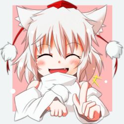 Rule 34 | 1girl, ^ ^, animal ears, blush, closed eyes, detached sleeves, fang, female focus, hat, index finger raised, inubashiri momiji, open mouth, smile, solo, syachi, tokin hat, touhou, upper body, white hair, wolf ears