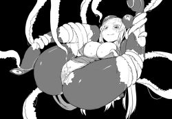 Rule 34 | 1girl, blush, bodysuit, breasts, cleavage, dress, electro emilia, female focus, folded, greyscale, headgear, ken (koala), large breasts, long hair, md5 mismatch, monochrome, original, panties, resized, resolution mismatch, short dress, skin tight, solo, source larger, tentacles, thighhighs, torn clothes, torn legwear, torn thighhighs, underwear