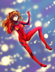 Rule 34 | 1girl, asamoto (tiwagold), bad id, bad pixiv id, blue background, blue eyes, blurry, bokeh, breasts, depth of field, female focus, full body, gradient background, legs apart, long hair, neon genesis evangelion, orange hair, plugsuit, solo, souryuu asuka langley, sparkle, twintails, two side up