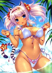 Rule 34 | 1girl, :p, absurdres, animal ears, artist name, bikini, blue eyes, blush, bow, bow panties, breasts, covered erect nipples, day, flower, frilled swimsuit, frills, front-tie bikini top, front-tie top, gluteal fold, hair flower, hair ornament, highleg, highleg bikini, highleg swimsuit, highres, huge filesize, long hair, nail polish, outdoors, panties, pink hair, pink nails, sayori (neko works), scan, short twintails, side-tie bikini bottom, slit pupils, solo, strap pull, string bikini, swimsuit, tail, tiger ears, tiger tail, tongue, tongue out, twintails, underwear, watermark, wet, white bikini