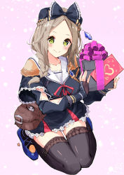 Rule 34 | 1girl, atelier (series), atelier firis, bad id, bad pixiv id, bag, black bow, black capelet, black dress, black socks, black thighhighs, blue footwear, blue gemstone, blush, bow, box, braid, breasts, bridal gauntlets, brown hair, capelet, closed mouth, collarbone, commentary request, dress, eyelashes, firis mistlud, forehead, frilled thighhighs, frills, full body, gem, gift, gift box, green eyes, hair bow, heart, highres, holding, holding box, holding gift, kneehighs, kneeling, long hair, long sleeves, looking at viewer, medium breasts, minidraco, parted bangs, pink ribbon, red ribbon, ribbon, sailor collar, smile, socks, solo, thighhighs, twin braids, white sailor collar, zettai ryouiki