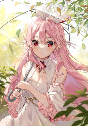Rule 34 | 1girl, absurdres, breasts, cleavage, commentary request, dress, hair between eyes, hair ribbon, hairband, highres, holding, holding umbrella, leaf, long hair, looking at viewer, medium breasts, original, pink hair, red eyes, ribbon, rosuuri, solo, umbrella, white dress, white hairband, white ribbon