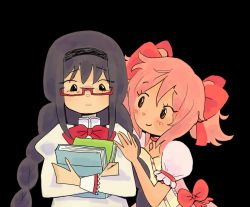 Rule 34 | 2girls, akemi homura, black background, black eyes, black hair, black hairband, blouse, blush stickers, book, hugging book, bow, bowtie, braid, choker, closed mouth, crossed arms, d:, dress bow, eyes visible through hair, frilled sleeves, frills, from side, furrowed brow, glasses, gloves, unworn gloves, hair between eyes, hair bow, hairband, hand on another&#039;s shoulder, hand up, high collar, highres, holding, holding book, jimiko, juliet sleeves, kaname madoka, long hair, long sleeves, looking at another, looking at viewer, looking to the side, low twin braids, low twintails, magical girl, mahou shoujo madoka magica, mahou shoujo madoka magica (anime), mandarin collar, mitakihara school uniform, multiple girls, narrowed eyes, hugging object, open mouth, parted lips, pendant choker, pink bow, pink choker, pink hair, puffy short sleeves, puffy sleeves, red-framed eyewear, red bow, red bowtie, rosarrie, school uniform, semi-rimless eyewear, shirt, short hair, short sleeves, short twintails, side-by-side, simple background, sleeve cuffs, smile, straight-on, twin braids, twintails, under-rim eyewear, upper body, very long hair, white shirt