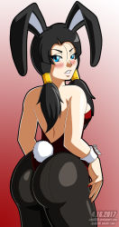 Rule 34 | 1girl, animal ears, ass, back, backless outfit, bare shoulders, black hair, blue eyes, blush, breasts, dragon ball, dragonball z, fake animal ears, from behind, hair tubes, jayqc80, leotard, long hair, looking at viewer, looking back, low twintails, pantyhose, parted lips, playboy bunny, rabbit ears, rabbit tail, shiny clothes, shiny skin, sideboob, solo, tail, twintails, videl