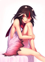 Rule 34 | 1girl, :p, adapted costume, bare arms, bare legs, bare shoulders, black hair, blush, dress, feet out of frame, hair between eyes, horns, hugging own legs, kaiza (rider000), kijin seija, knee up, long hair, looking at viewer, multicolored hair, neckerchief, red hair, red sailor collar, sailor collar, short dress, simple background, sitting, sleeveless, sleeveless dress, smile, solo, streaked hair, thighs, tongue, tongue out, touhou, white background, white dress, white hair