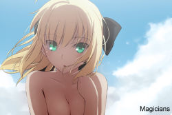 Rule 34 | 1girl, artist name, artoria pendragon (fate), beach, blonde hair, breasts, cleavage, cloud, day, fate/stay night, fate/unlimited codes, fate (series), female focus, green eyes, looking at viewer, magicians (zhkahogigzkh), medium breasts, nude, out-of-frame censoring, outdoors, saber (fate), saber lily, short hair, sky, solo, topfreedom, topless frame, upper body