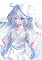 Rule 34 | 1girl, ahoge, blue eyes, blush, closed mouth, collarbone, commentary request, dress, drop-shaped pupils, eyelashes, furina (genshin impact), genshin impact, hair between eyes, hair intakes, hands up, heterochromia, highres, hood, hood up, long hair, looking at viewer, mochi mochi052, short sleeves, sidelocks, simple background, solo, symbol-shaped pupils, white background, white dress, white hair, white hood