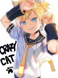 Rule 34 | 1boy, absurdres, animal ears, animal hands, arm warmers, asuka shirou, black collar, black sleeves, blonde hair, blue eyes, cat ears, cat tail, claw pose, collar, earrings, english text, grin, hands up, highres, jewelry, kagamine len, looking at viewer, male focus, nail polish, necktie, sailor collar, school uniform, shirt, short sleeves, sidelighting, smile, spiked hair, tail, upper body, vocaloid, white background, white shirt, yellow nails, yellow neckwear