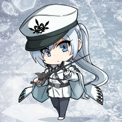 Rule 34 | 1girl, :/, belt, black belt, black pantyhose, chibi, closed mouth, coat, full body, gloves, hat, highres, holding, holding sword, holding weapon, ice, ishikane aoi, jacket, long hair, looking at viewer, military, military hat, military uniform, multiple belts, myrtenaster, official alternate costume, pantyhose, peaked cap, ponytail, rapier, rwby, scar, scar across eye, scar on face, single glove, solo, sword, uniform, very long hair, weapon, weiss schnee, white coat, white gloves, white hair, white jacket